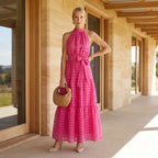 Tiered Chiffon Halter Maxi Dress with Ruffles Pink 1