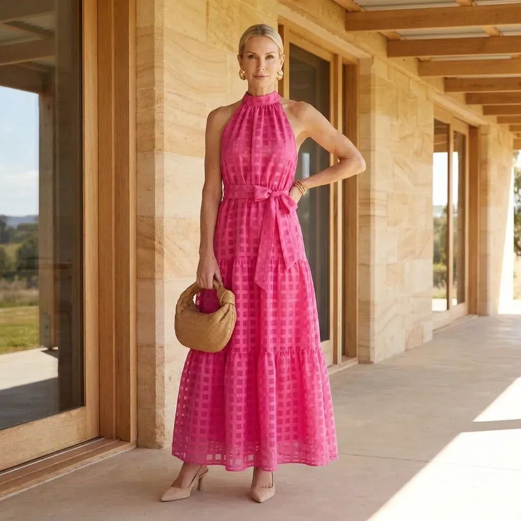 Tiered Chiffon Halter Maxi Dress with Ruffles Pink 1