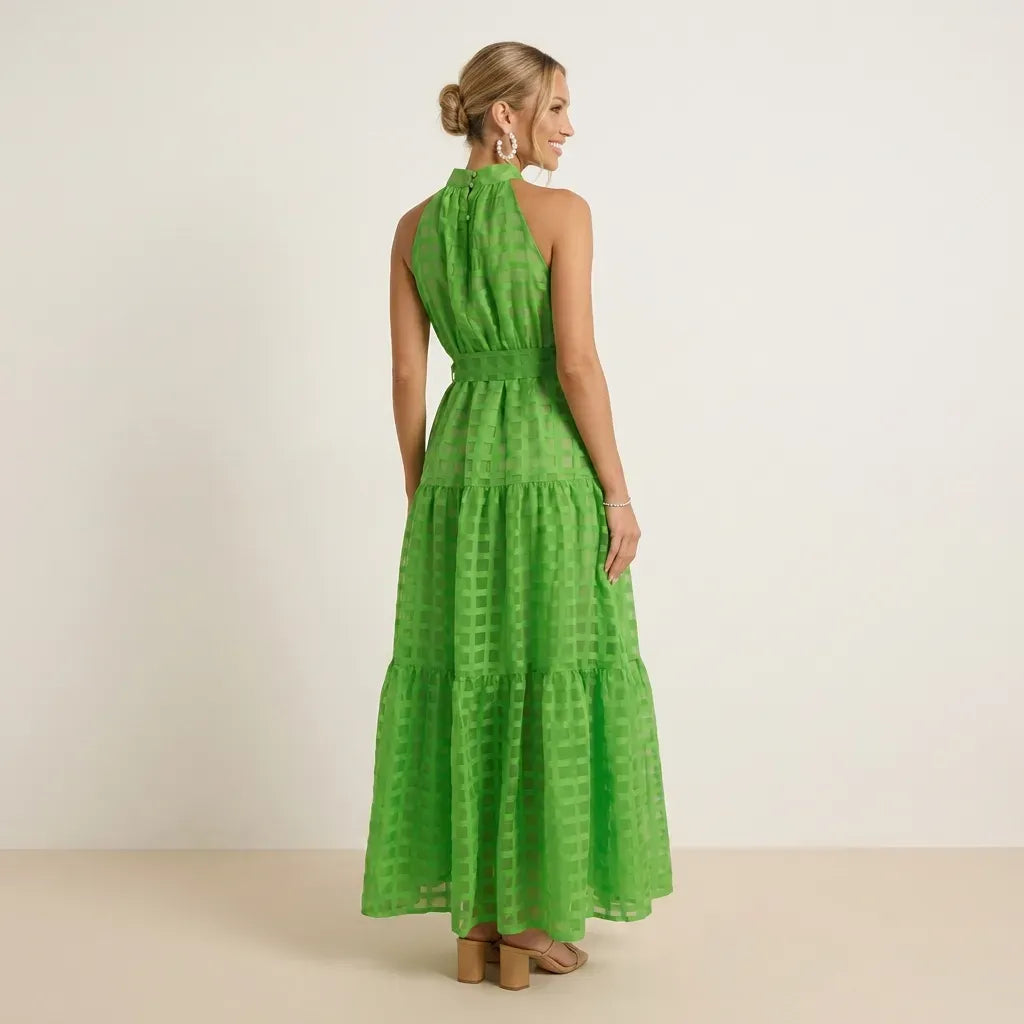 Tiered Chiffon Halter Maxi Dress with Ruffles Green 3