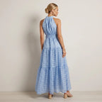 Tiered Chiffon Halter Maxi Dress with Ruffles Blue 4
