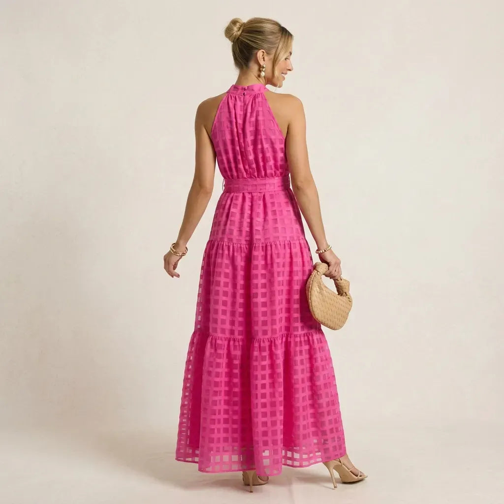 Tiered Chiffon Halter Maxi Dress with Ruffles Pink 5