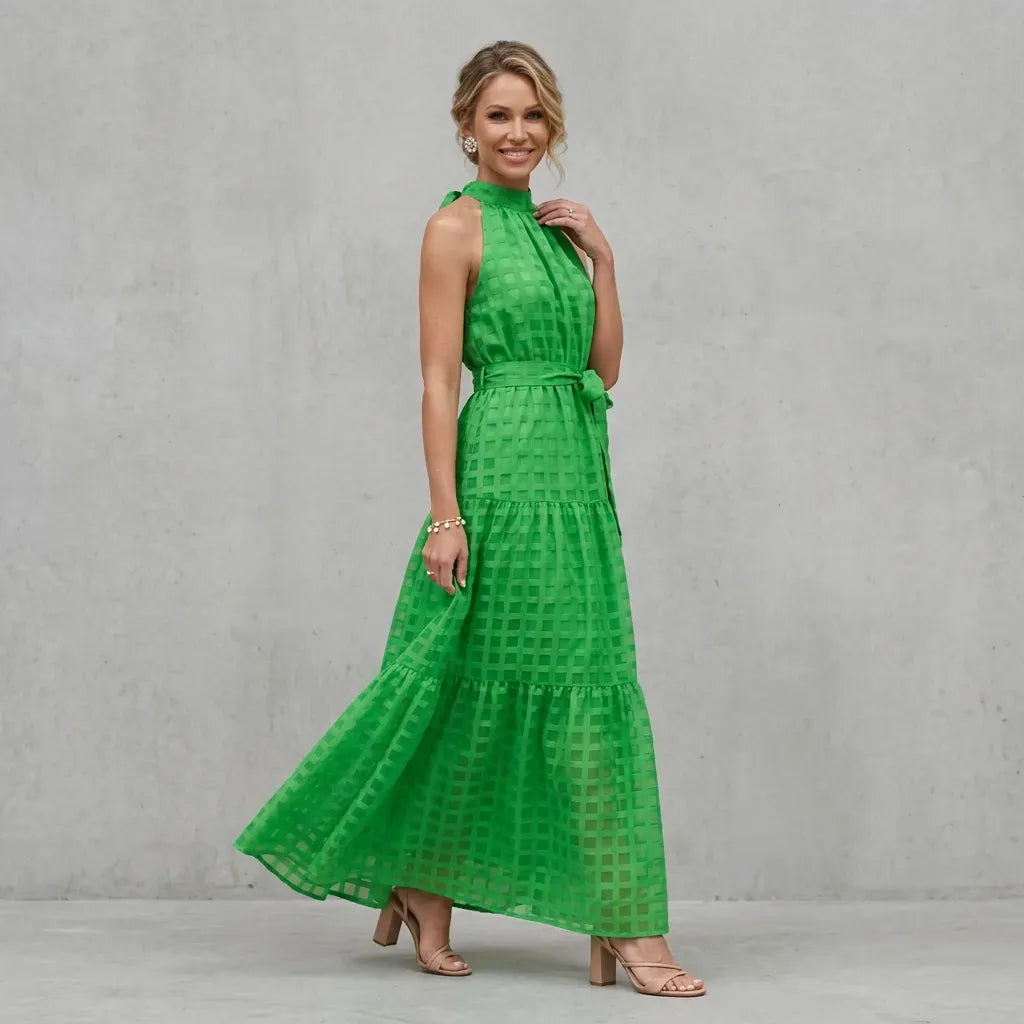 Tiered Chiffon Halter Maxi Dress with Ruffles Green 6