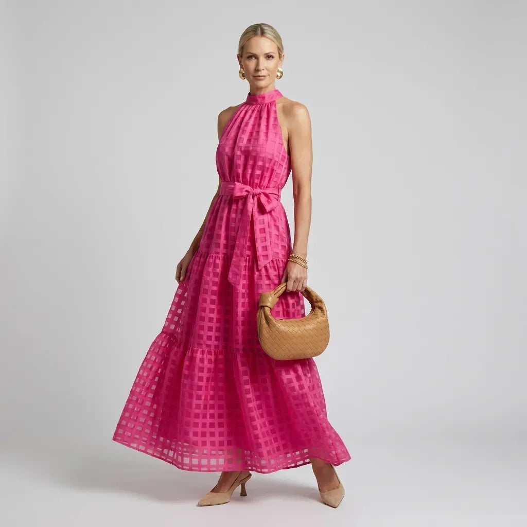 Tiered Chiffon Halter Maxi Dress with Ruffles Pink 7