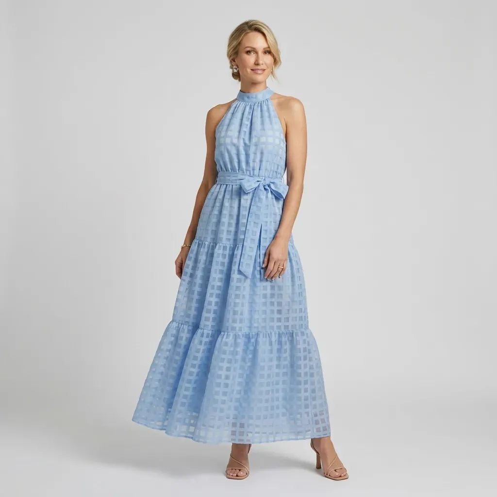 Tiered Chiffon Halter Maxi Dress with Ruffles Blue 8