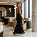 Tiered Chiffon Ruffle Dress Formal Black 1