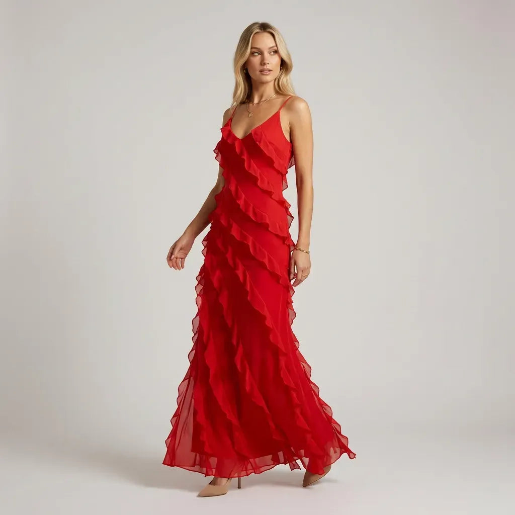 Tiered Chiffon Ruffle Dress Formal Red 5