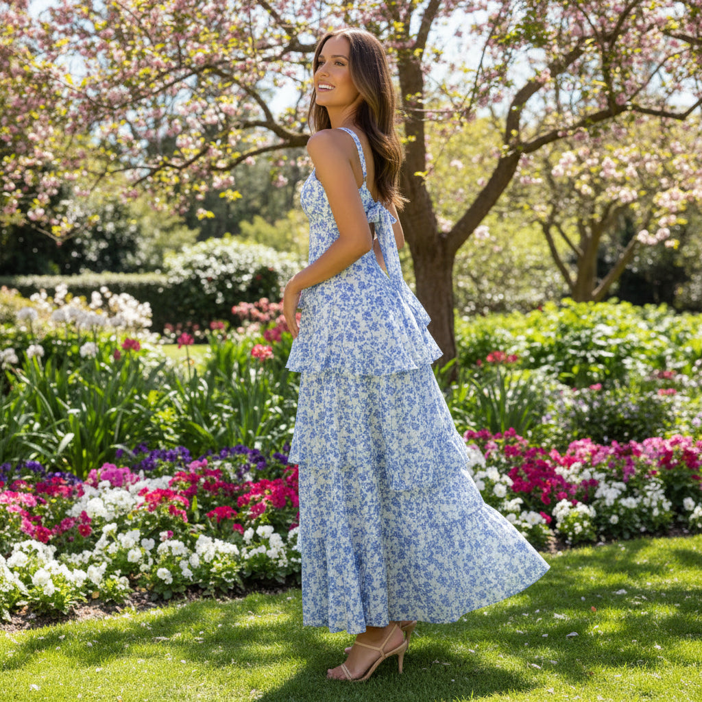 Tiered Chiffon Wedding Guest Dress Garden Party Blue 1