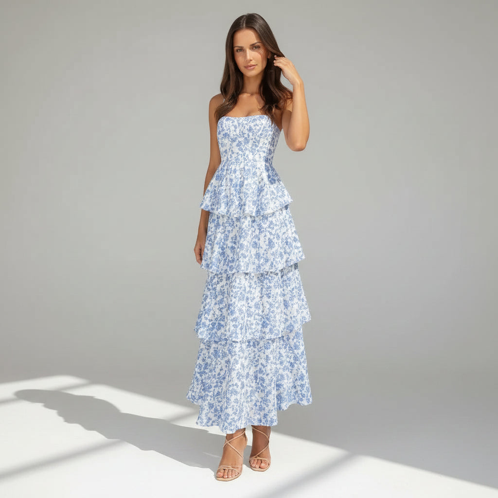 Tiered Chiffon Wedding Guest Dress Garden Party Blue 2