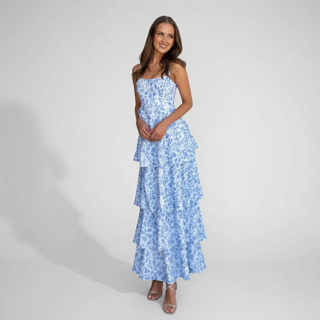 Tiered Chiffon Wedding Guest Dress Garden Party Blue 3