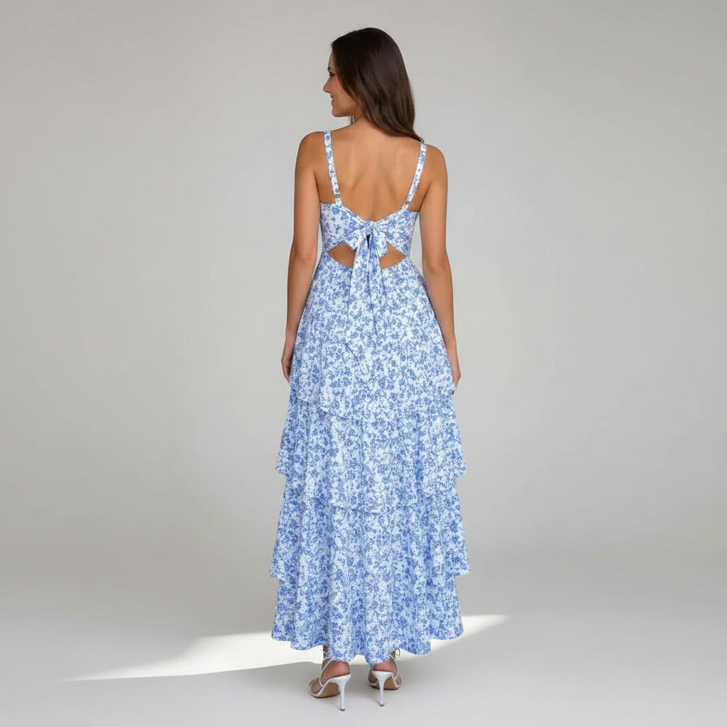 Tiered Chiffon Wedding Guest Dress Garden Party Blue 4