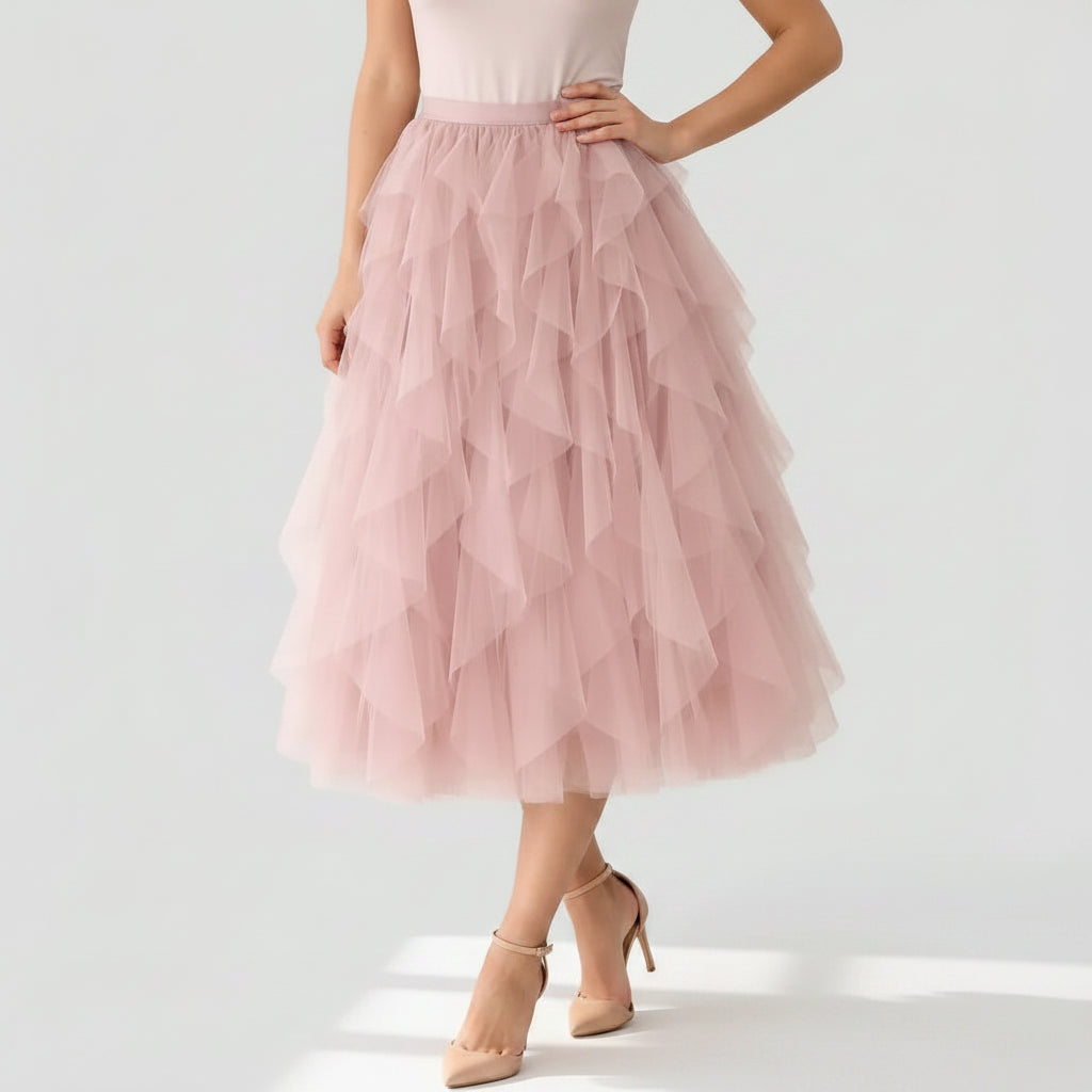 Tiered Midi Tulle Skirt Pink 1