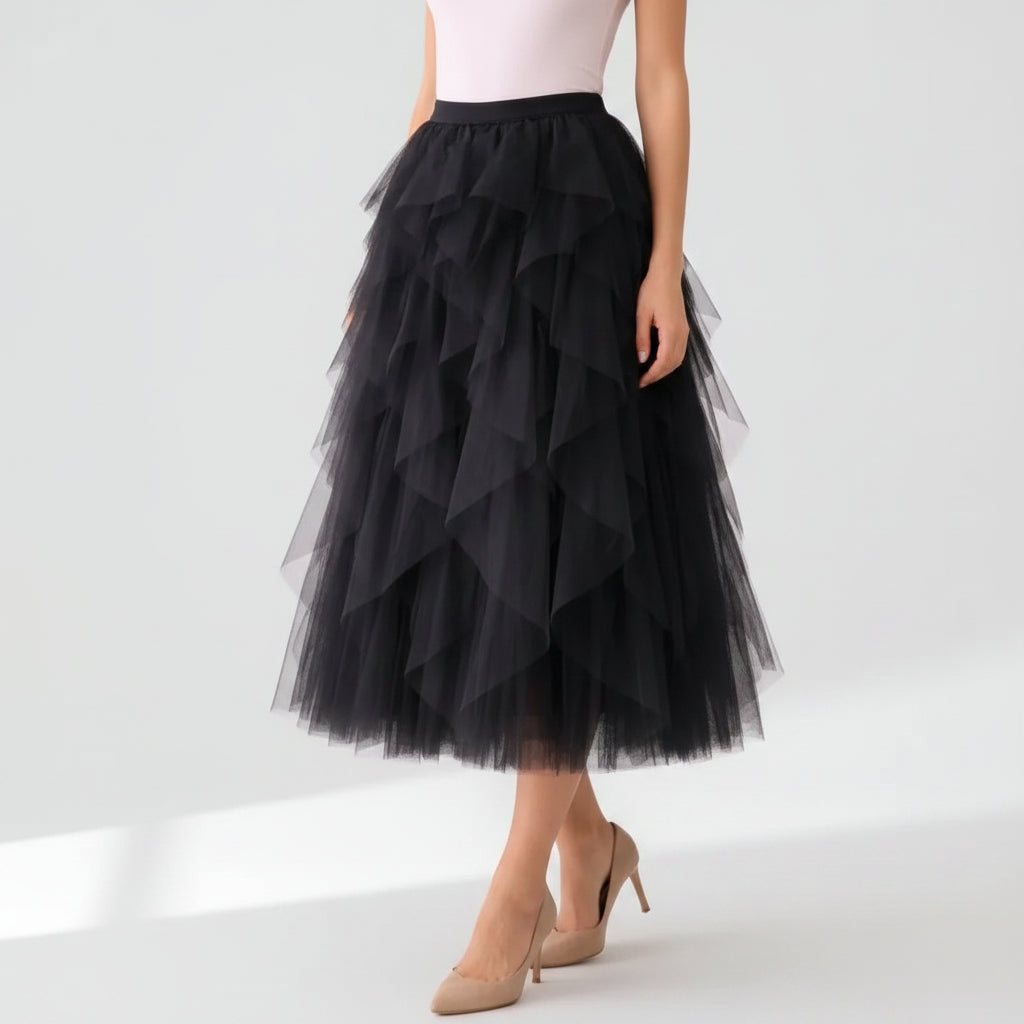 Tiered Midi Tulle Skirt Black 2