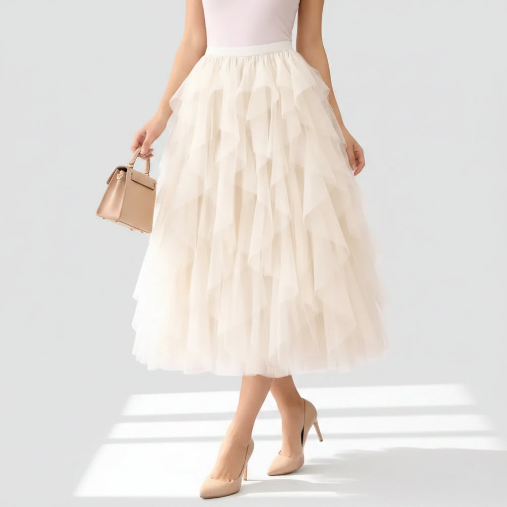 Tiered Midi Tulle Skirt Beige 3