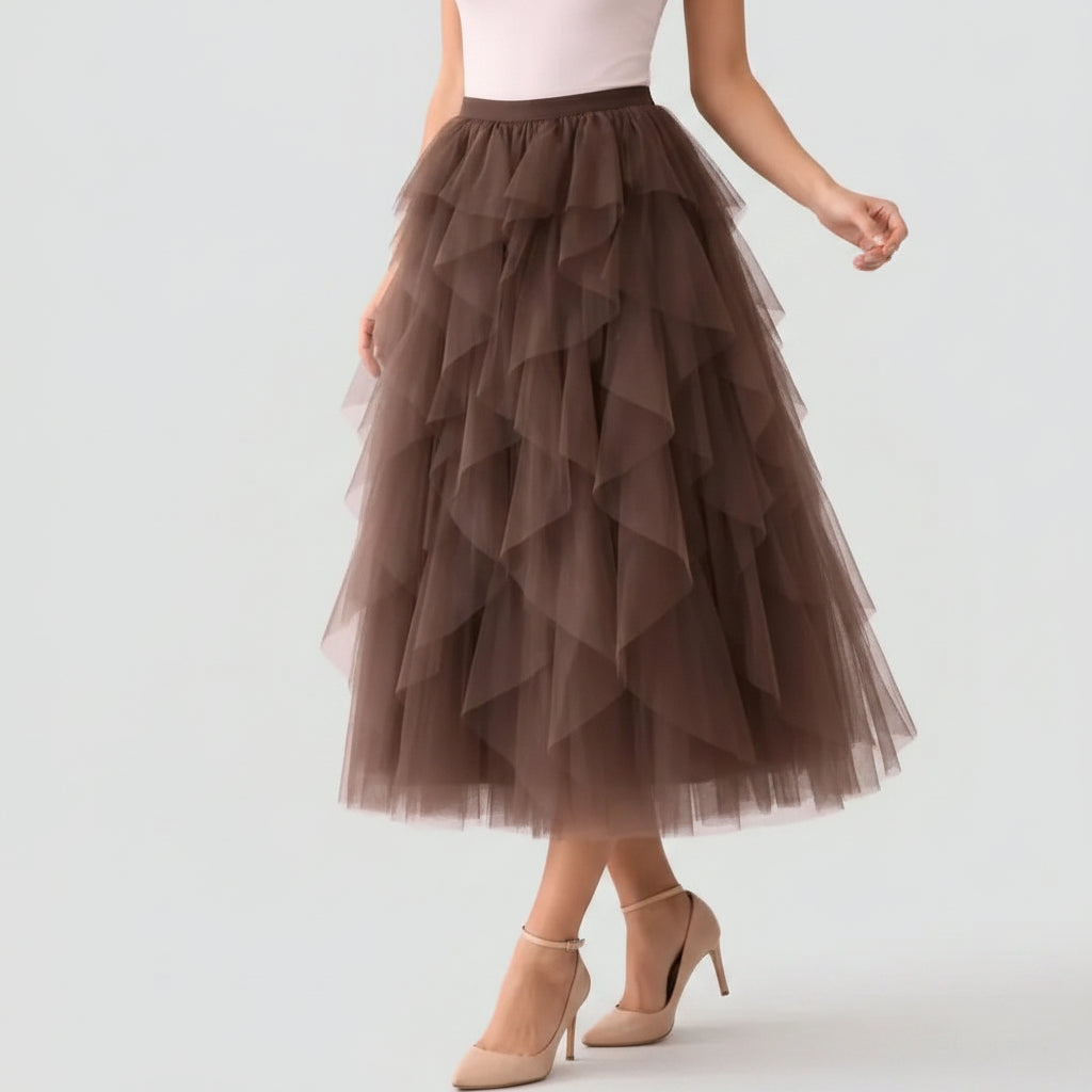 Tiered Midi Tulle Skirt Brown 5
