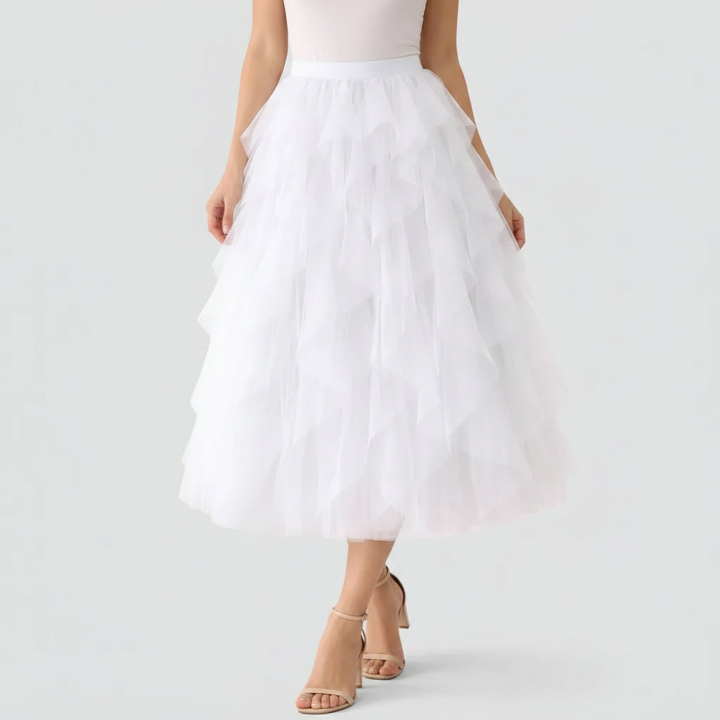 Tiered Midi Tulle Skirt White 6