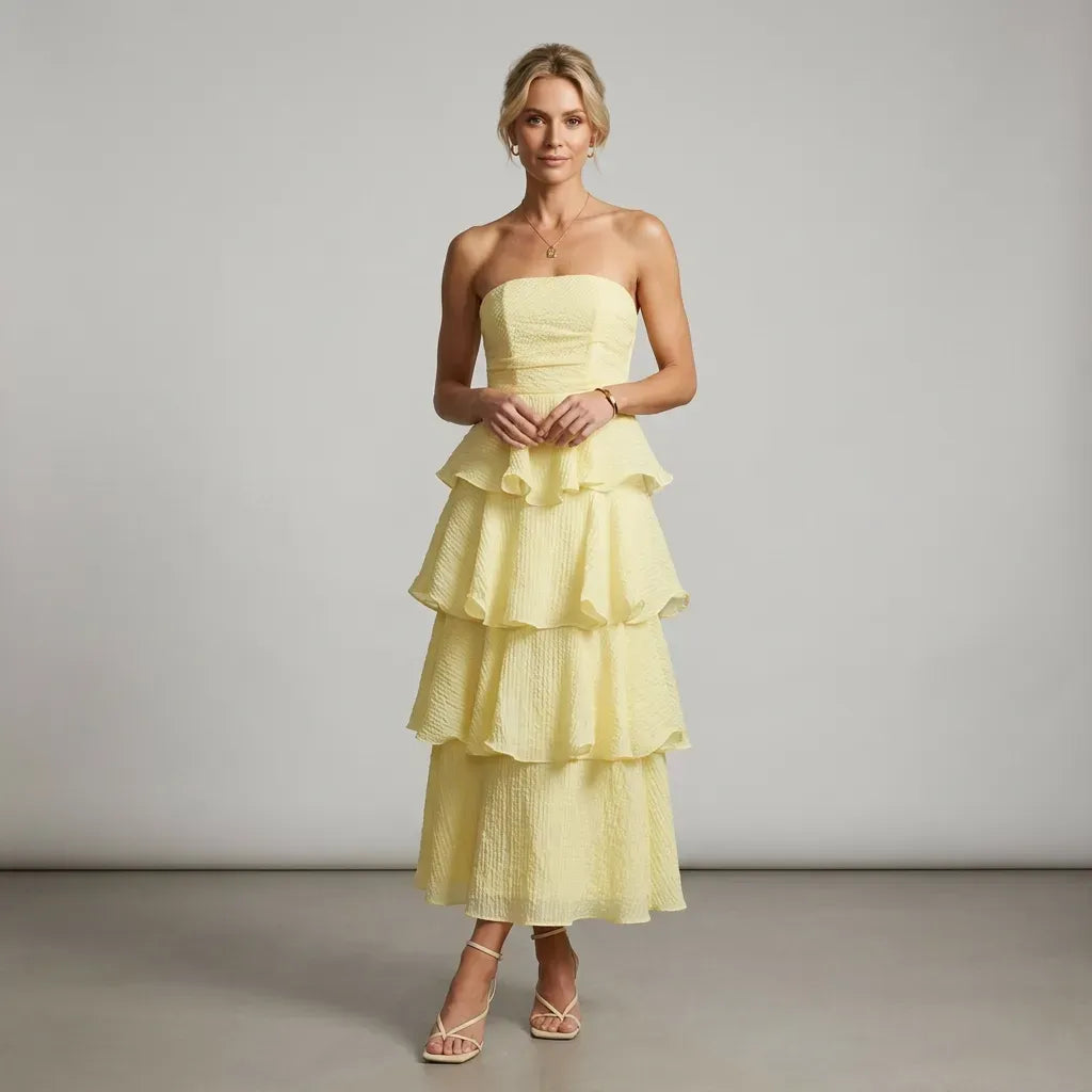 Tiered Ruffle Maxi Dress with Ruffle Trim Yellow 4