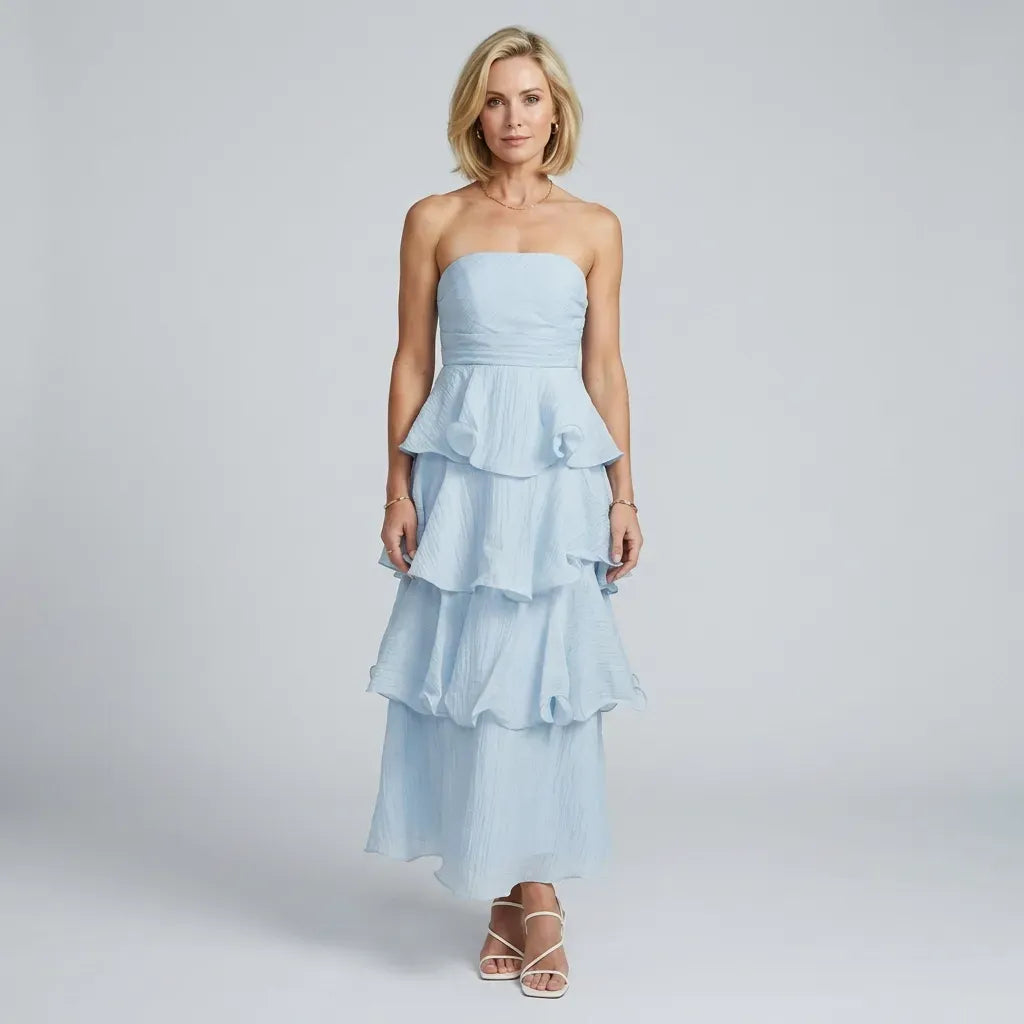 Tiered Ruffle Maxi Dress with Ruffle Trim Blue 5