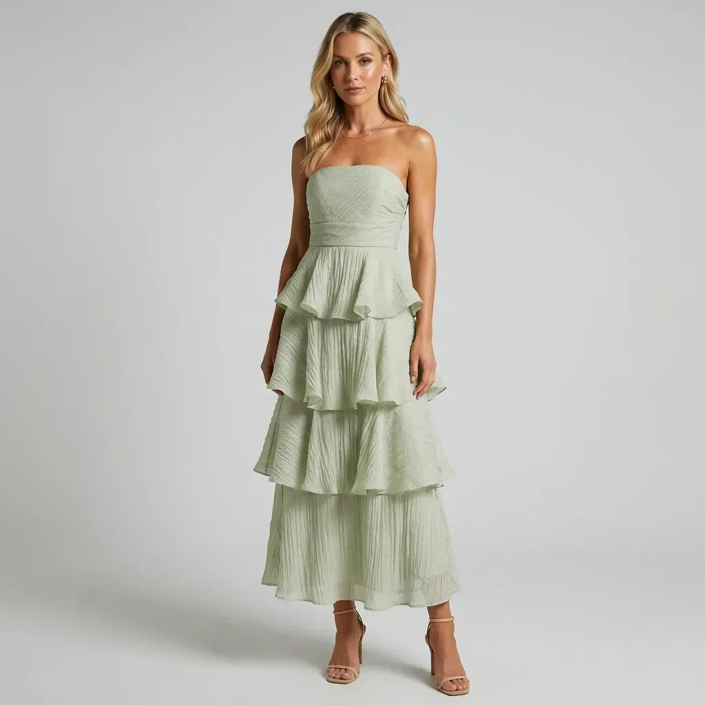 Tiered Ruffle Maxi Dress with Ruffle Trim Green 6