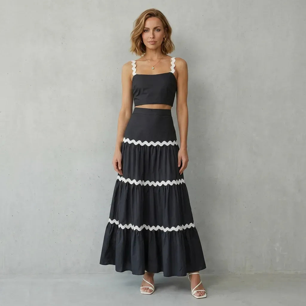 Tiered Two Piece Maxi Skirt Set Black 4
