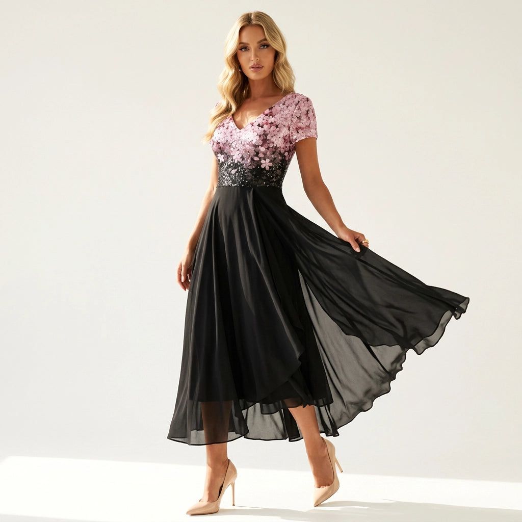 Tulle Maxi Dress with Floral Appliqué for Weddings in Rosa Schwarz – 1