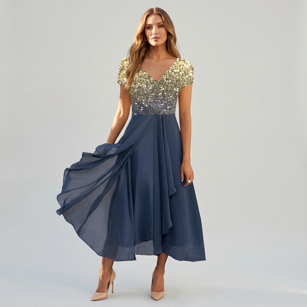 Tulle Maxi Dress with Floral Appliqué for Weddings in Gold Blau – 2