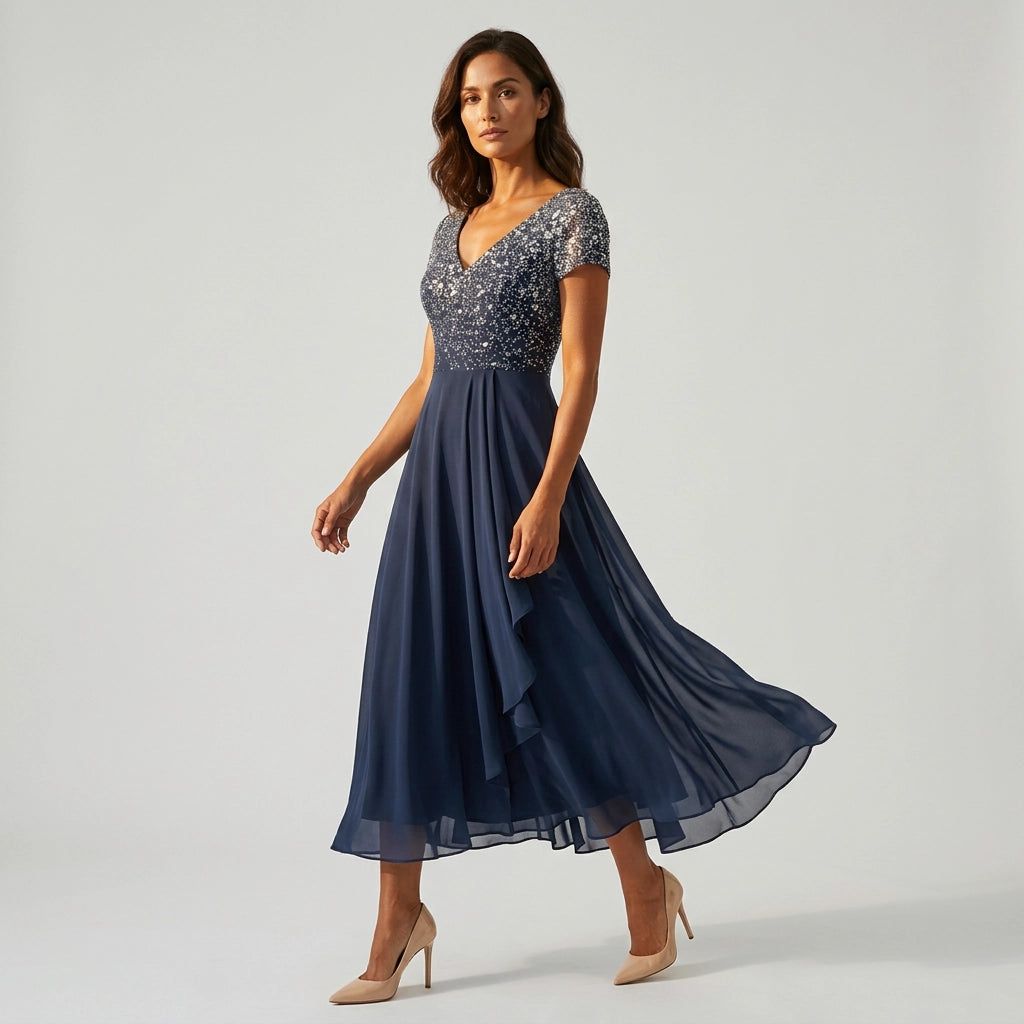 Tulle Maxi Dress with Floral Appliqué for Weddings in Silber Blau – 3