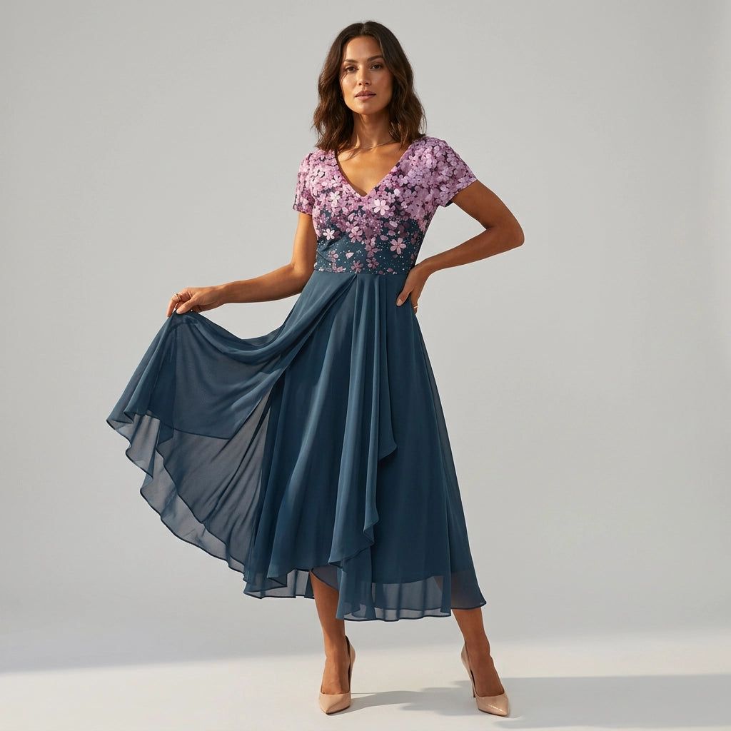 Tulle Maxi Dress with Floral Appliqué for Weddings in Rosa Blau – 4