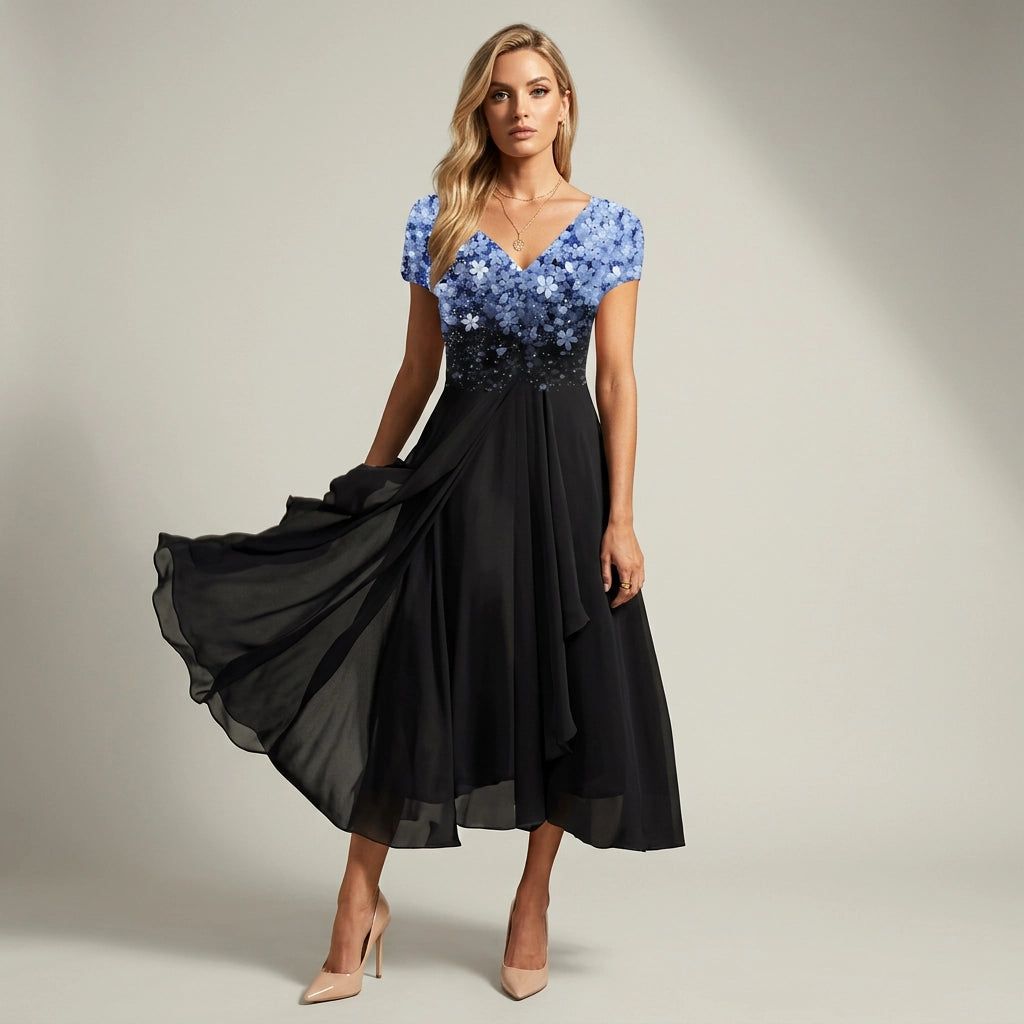 Tulle Maxi Dress with Floral Appliqué for Weddings in Blau Schwarz – 6