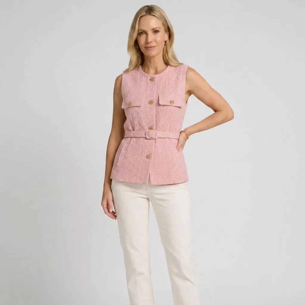 Tweed Belted Waistcoat with Buttons Pink 2