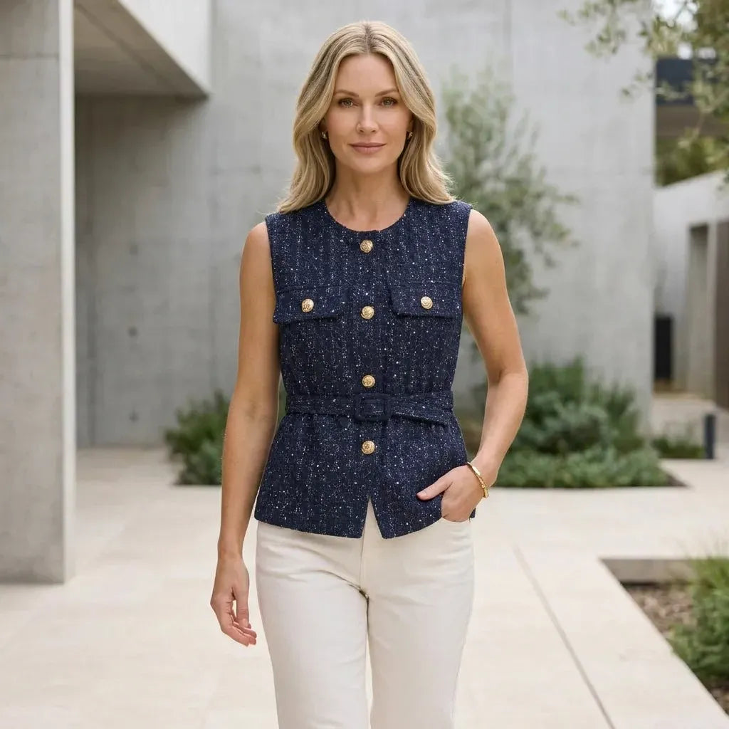 Tweed Belted Waistcoat with Buttons Navy 4