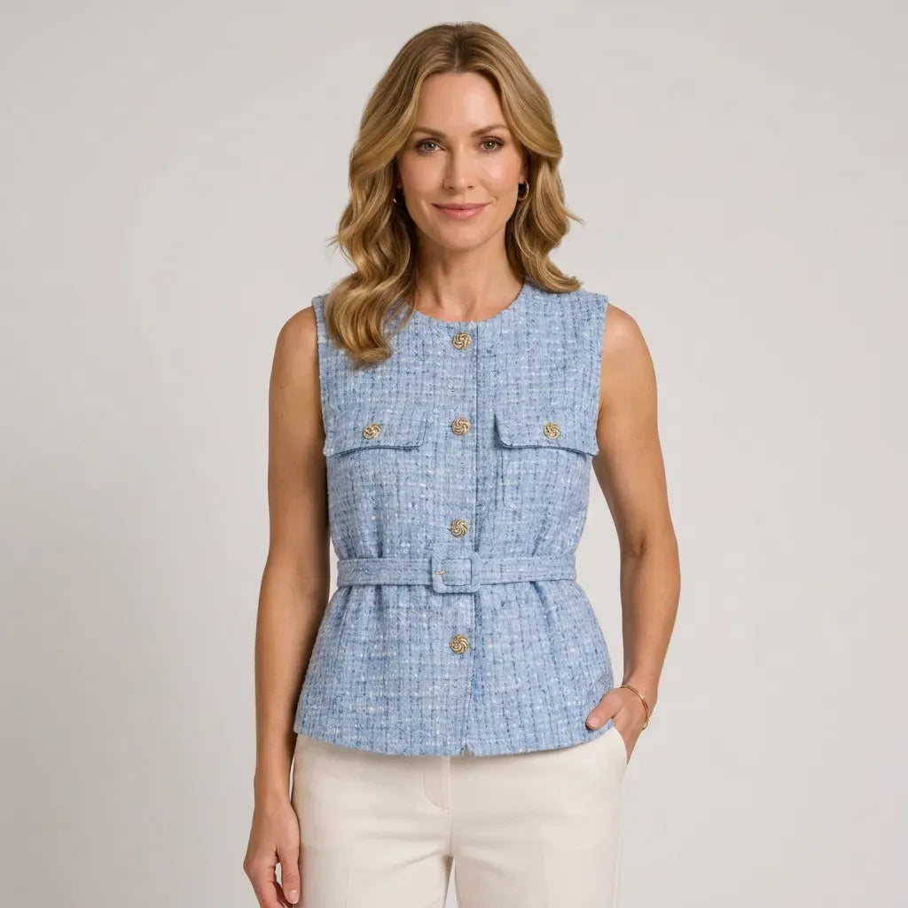 Tweed Belted Waistcoat with Buttons Blue 5