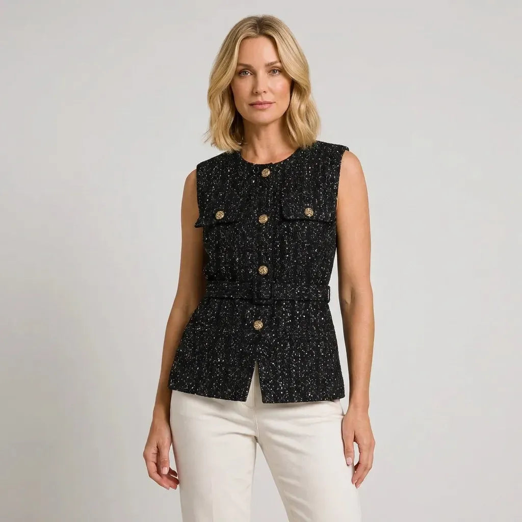 Tweed Belted Waistcoat with Buttons Black 7