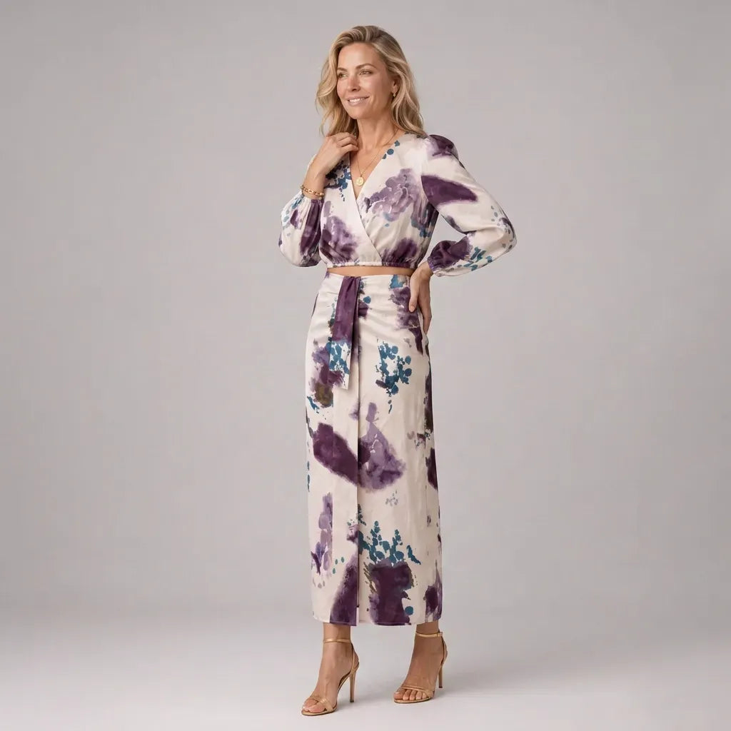 Two Piece Maxi Skirt Set with Crop Top Purple 4