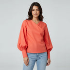 Women's Wrap Blouse with Puff Sleeves