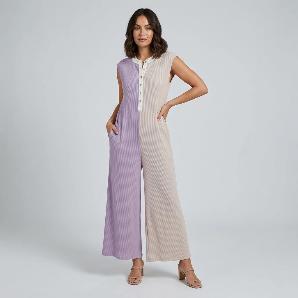 Sleeveless Wide-Leg Jumpsuit with Henley-Style Button Placket