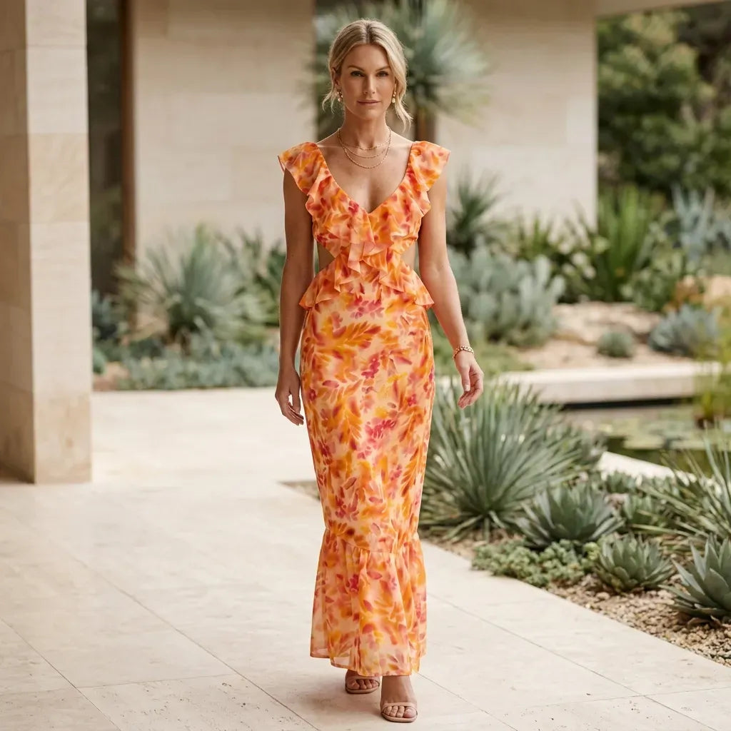 V-Neck Ruffle Maxi Dress with Cutout Detail Orange 1