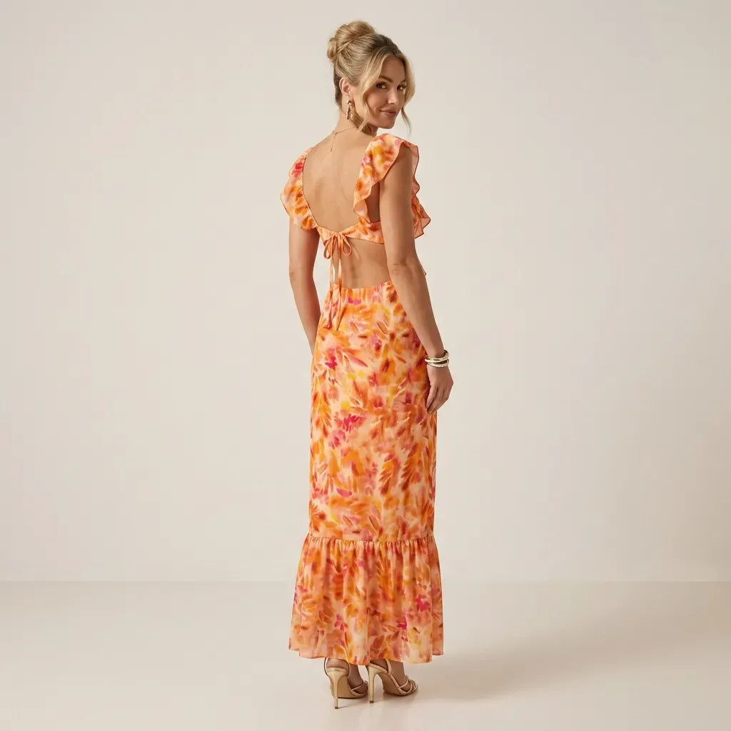 V-Neck Ruffle Maxi Dress with Cutout Detail Orange 2
