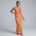 V-Neck Ruffle Maxi Dress with Cutout Detail Orange 3
