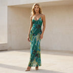 V-Neck Viscose Slip Maxi Dress with Slit Green 1