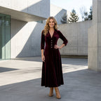 Velvet Fitted Maxi Dress with V-Neck Bordeaux 2