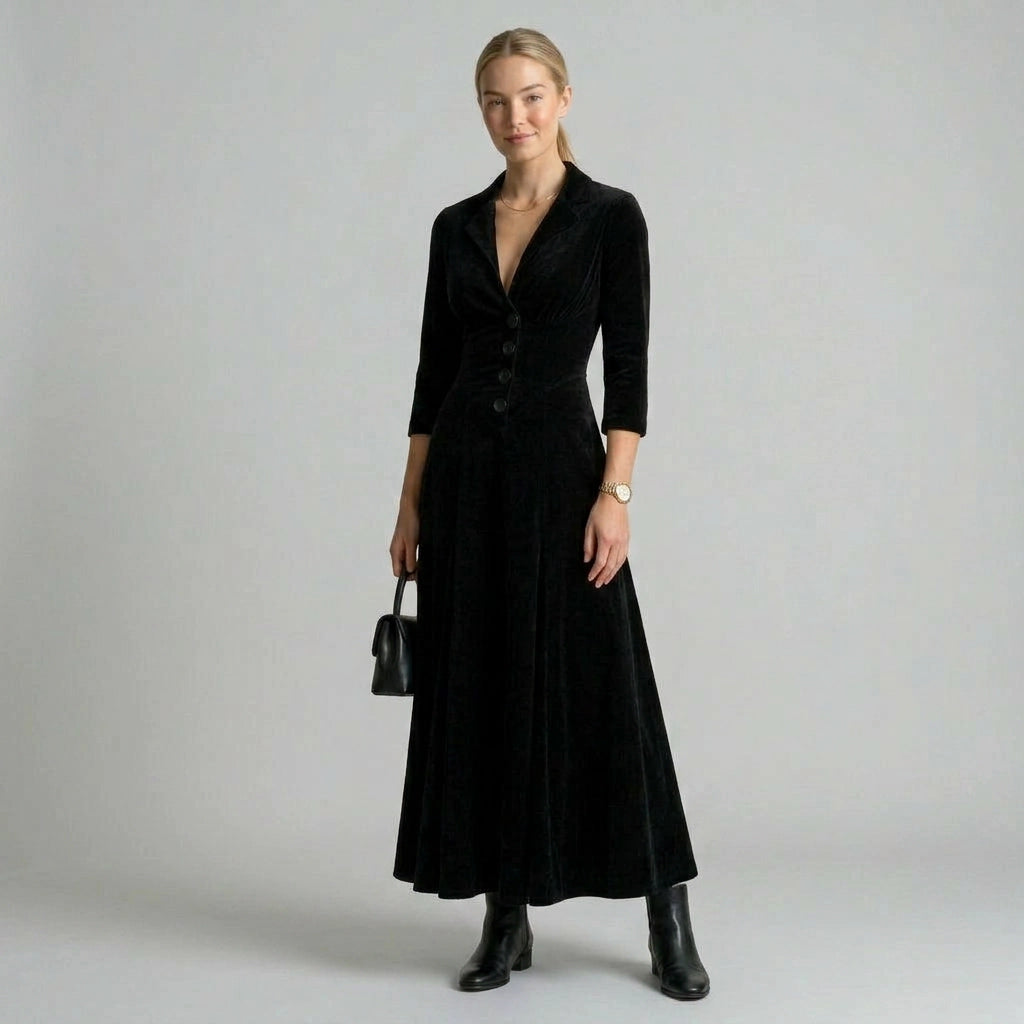Velvet Fitted Maxi Dress with V-Neck Black 3