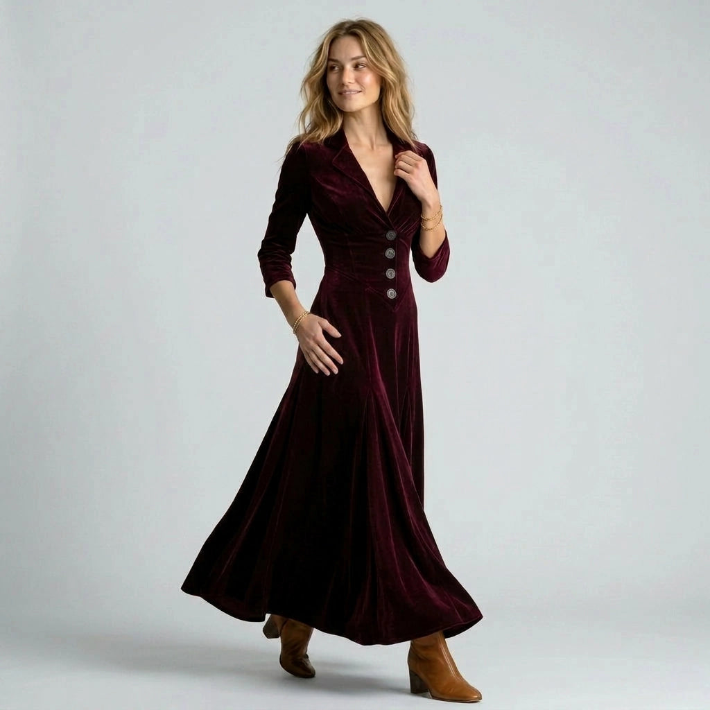 Velvet Fitted Maxi Dress with V-Neck Bordeaux 4