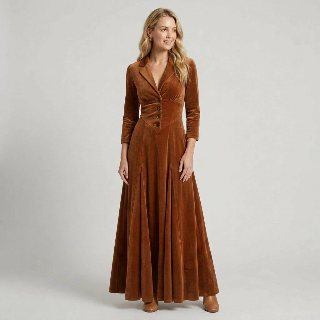 Velvet Fitted Maxi Dress with V-Neck Brown 5