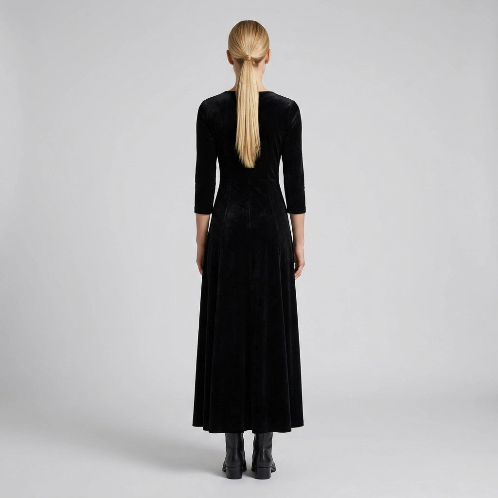 Velvet Fitted Maxi Dress with V-Neck Black 6