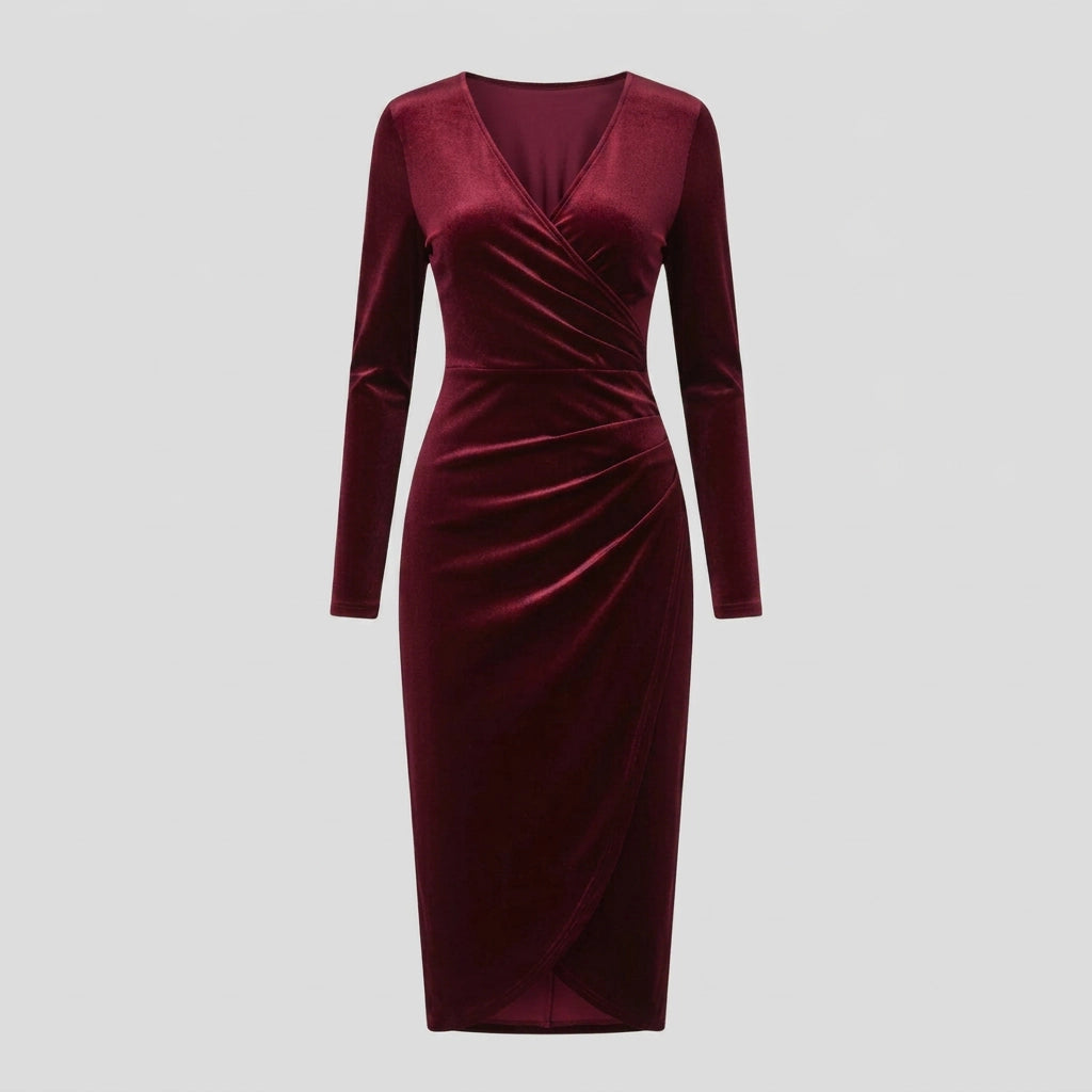 Velvet Bodycon Winter Dress with Ruched Detail Bordeaux 3