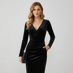 Velvet Bodycon Winter Dress with Ruched Detail Black 6