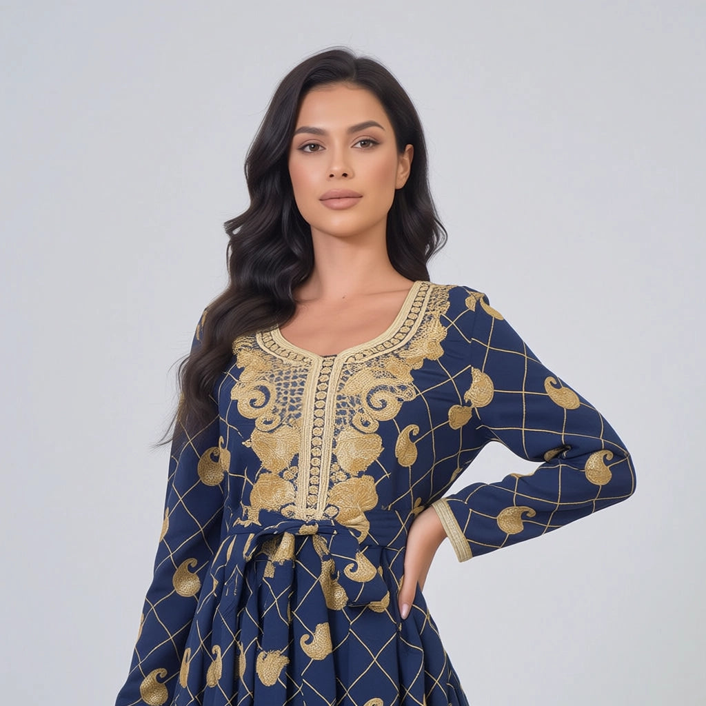Women's Maxi Long Sleeve Dress with Embroidery