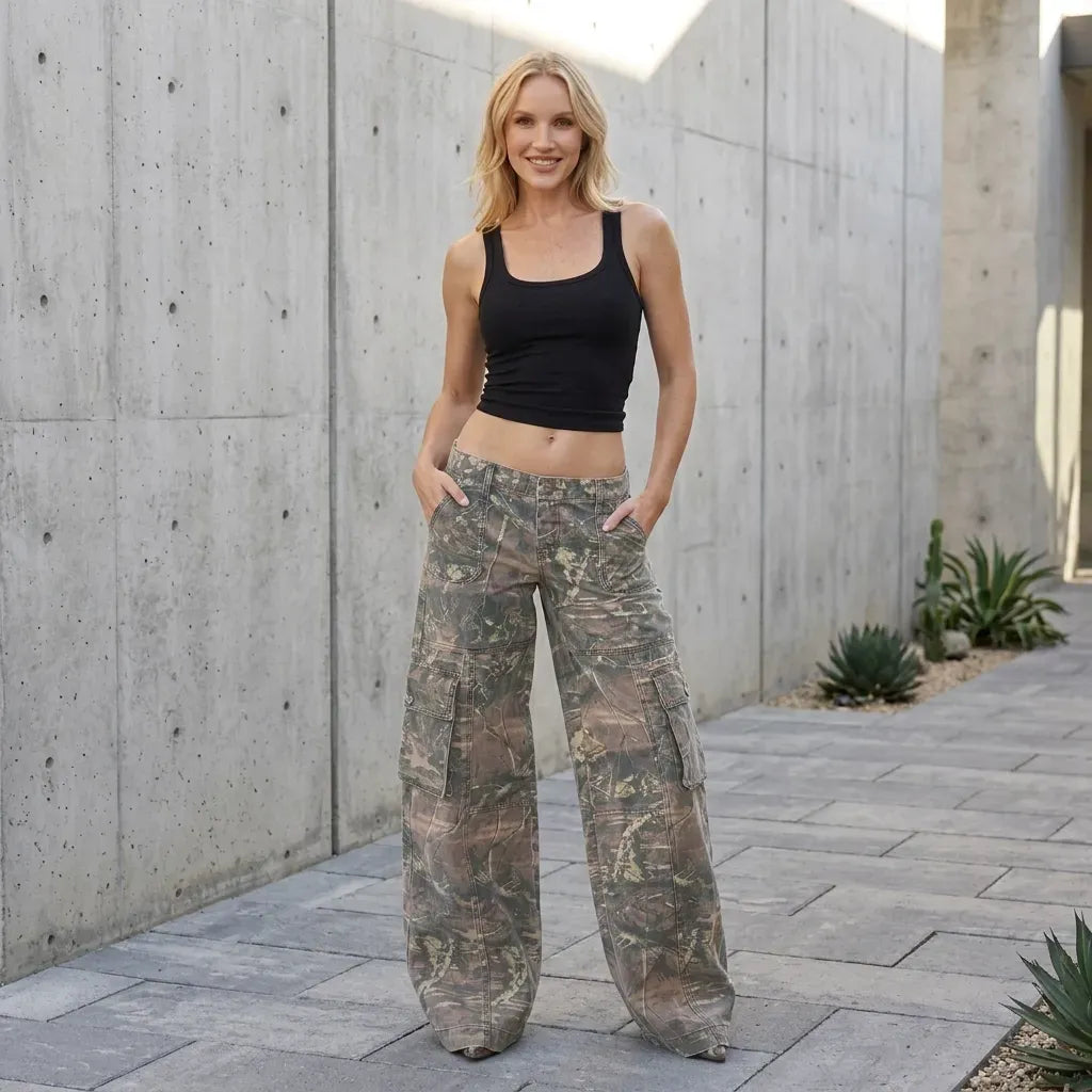 Wide Leg Cargo Pants with Pockets Streetwear Brown 1