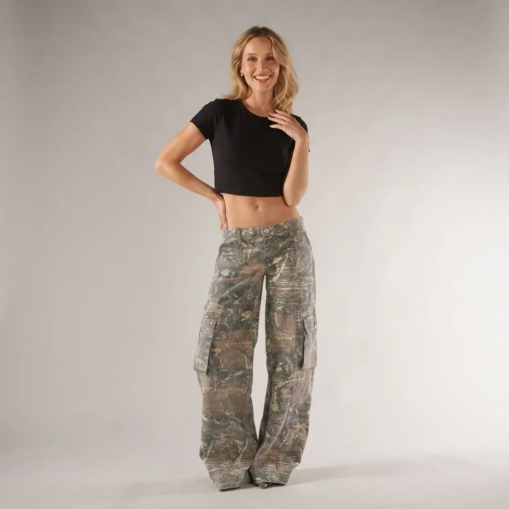 Wide Leg Cargo Pants with Pockets Streetwear Brown 2