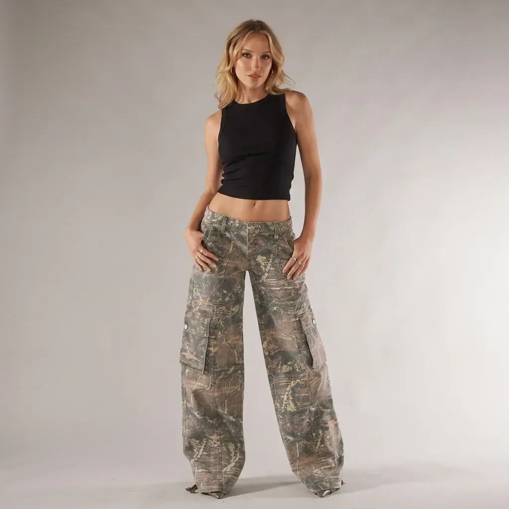 Wide Leg Cargo Pants with Pockets Streetwear Brown 3